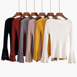 Bell Sleeve Beaded Cuff Knit Top