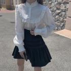 Tie-neck Blouse / Faux Leather Shirred A-line Skirt