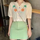 Flower Embroidered Short-sleeve Pointelle Cardigan / A-line Mini Skirt