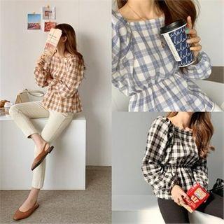 Puff-sleeve Gathered-waist Checked Top