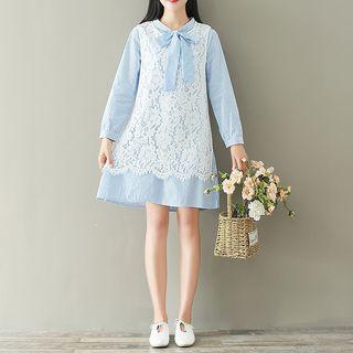 Set: Long-sleeve Bow-accent Striped Dress + Lace Slit-side Vest