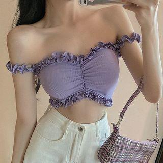 Off-shoulder Ruffled Cropped Top Violet - One Size