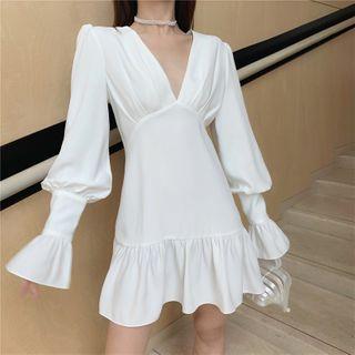 Puff-sleeve Ruffle Hem Mini Dress