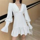 Puff-sleeve Ruffle Hem Mini Dress