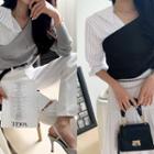 Stripe Shirt-panel Fold-over Knit Top