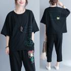 Elbow-sleeve Cat Embroidery T-shirt Black - One Size