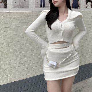 Collared Cropped Cardigan / Mini Knit Skirt