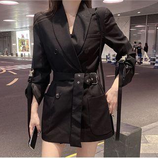 Double-breasted Tie-waist Blazer Black - One Size
