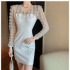 Long-sleeve Floral Mesh Panel Mini Sheath Dress