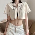 Short-sleeve Embroidered Zip-up Cropped Top