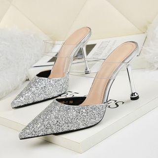Pointed Flared Heel Pvc Strap Glitter Mules
