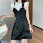 Set: Spaghetti-strap Lace Trim A-line Dress + Plain Sleeveless T-shirt