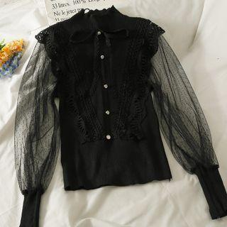 Patchwork Lace-panel Mock-neck Knit Top