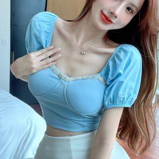 Short-sleeve Rhinestone Trim Crop Top