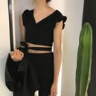 V-neck Cap Sleeve Cropped Tie-waist Top