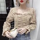 Plaid Ruched Bell-sleeve Blouse