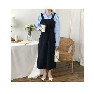 Square-neck Sleeveless Midi Dress With Sash Navy Blue - One Size