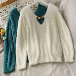 Chain-neckline Furry-knit Sweater