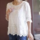 Elbow-sleeve Embroidered Top Ivory - One Size