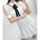 Lace-panel Pleated Dress With Brooch