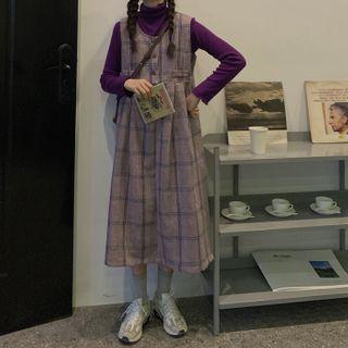 Turtleneck Knit Top / Sleeveless Plaid Dress