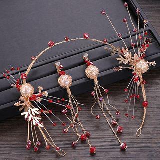 Wedding Set: Flower Headpiece + Drop Earring Red - One Size