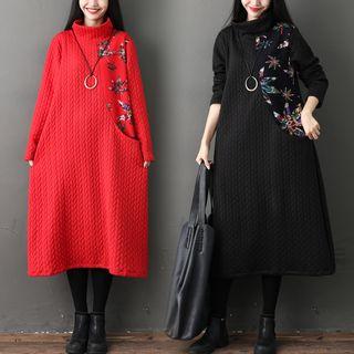 Funnel-neck Long-sleeve Midi A-line Dress