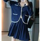 Set: Contrast Trim Knit Cardigan + Mini A-line Pleated Skirt