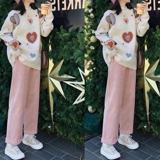 Heart Print Bobble Sweater / Corduroy Straight-cut Pants
