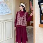 Long-sleeve Midi Pleated Dress / Patterned Knit Vest