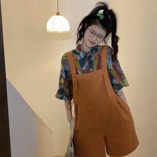 Short-sleeve Color Block Shirt / Wide Leg Jumper Shorts