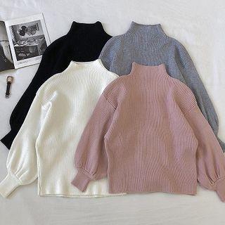 Plain Mock-neck Rib-knit Puff-sleeve Sweater