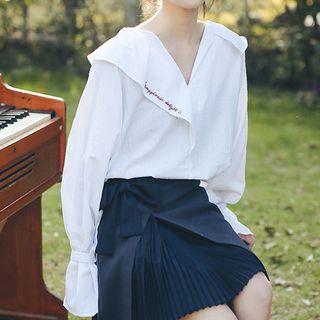 Lettering Embroidered V-neck Blouse White - One Size