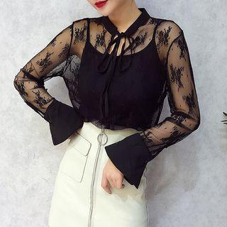 Set : Lace Long-sleeve Blouse + Spaghetti Strap Top