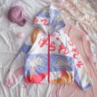 Japanese Character Print Zip-up Hooded Jacket Cotton Lining - Blue & White - One Size