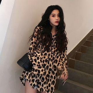 Loose Fit Leopard Long Sleeve Blouse Leopard - One Size