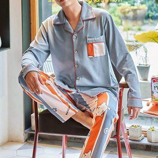 Loungewear Set : Long-sleeve Cartoon Print Shirt + Pants