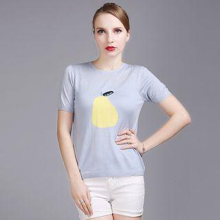 Pear Jacquard Short-sleeve Knit Top Light Gray - One Size