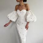 Puff-sleeve Off-shoulder Strawberry Print Midi Sheath Dress