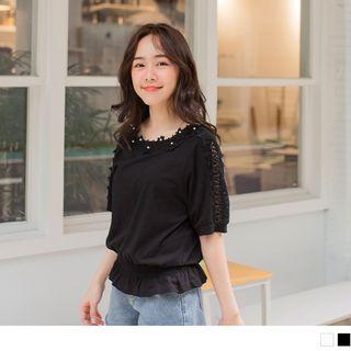 Smocked Waist Lace Trim Beaded Top