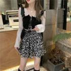 Long-sleeve Lace Top / Leopard Print Mini Skirt / Cropped Camisole Top