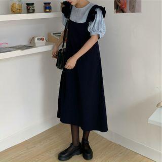 Balloon-sleeve Gingham Blouse / Ruffled Midi Pinafore Dress