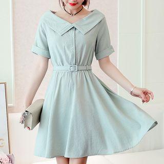 Striped Short-sleeve Collared A-line Dress