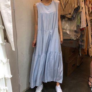 Frill Sleeveless Loose-fit Dress Blue - One Size