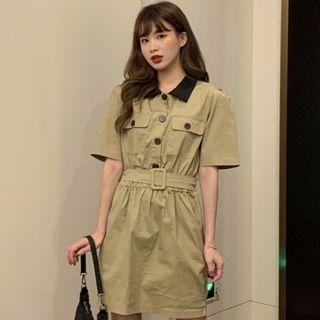 Short-sleeve Button-up Cargo Dress Khaki - One Size