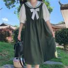 Balloon-sleeve Sailor Collar A-line Dress Army Green - One Size