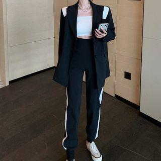 Single-breasted Blazer / Contrast Trim Straight-leg Pants