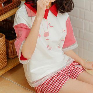 Mesh Overlay Collared Elbow-sleeve Top