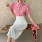 Puff-sleeve Plain Lace Blouse / High-waist Plain Pencil Skirt