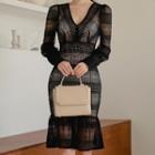 V-neck Balloon-sleeve A-line Lace Dress